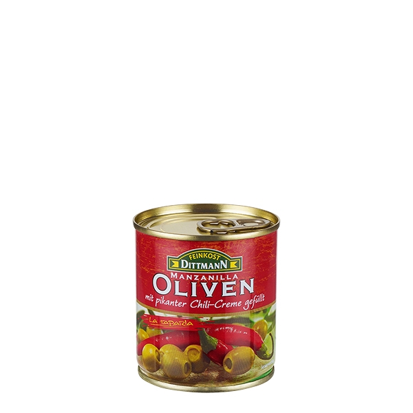 Feinkost Dittmann Manzanilla-Oliven gefüllt mit Chilicreme 85g