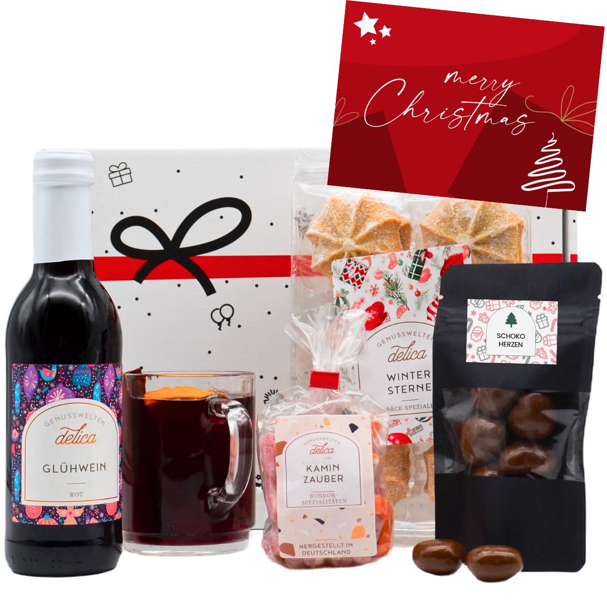 Geschenkset „Glühwein & Schokolade“ | Weihnachten Präsentkorb gefüllt mit Wein, Keksen, Schokolade Pralinen & Grußkarte