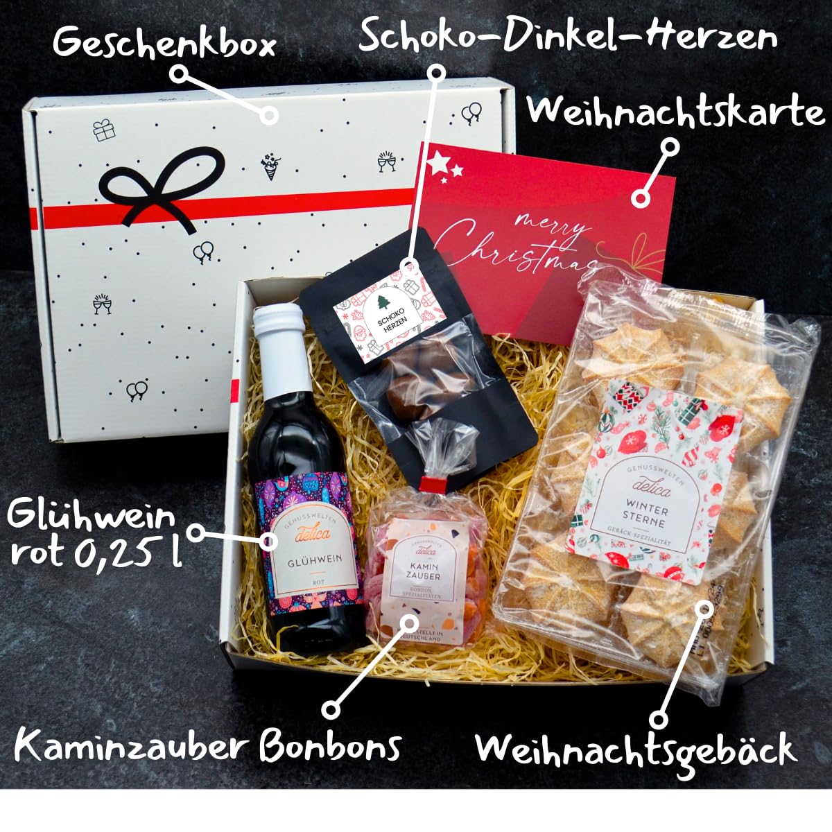 Geschenkset „Glühwein & Schokolade“ | Weihnachten Präsentkorb gefüllt mit Wein, Keksen, Schokolade Pralinen & Grußkarte – Bild 2